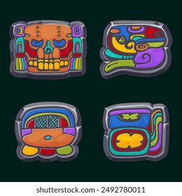 Aztec Maya civilization- Akbal, face, Mayan Glyph, hieroglyphs of the Maya calendar. Colored Stone symbols for your 2D game or slots games