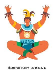 Aztec or maya culture, traditional clothes and ornaments. Ritual or customs of ancient ethnicity, isolated male character raising hands playing or asking gods favor. Vector in flat style illustration