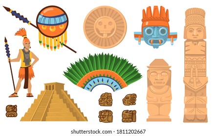 Aztec and Maya symbols set. Ancient pyramid, inca warrior, ethnic masks, gods and idols artifacts. Flat vector illustrations for Mexican culture, traditional decorations concept