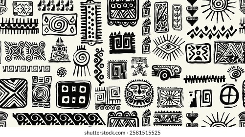 Aztec, Mayan, African, ornaments seamless pattern. Hand draw in ethnic style. Aztec textile print. Perfect for site backgrounds, wrapping paper, fabric design. Unique geometric vector seamless pattern