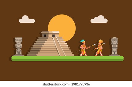 Aztec mayan ancient pyramid with warrior illustration in flat cartoon vector