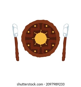 Aztec Or Mayan Ancient Tambourine Or Drum With Sticks Cartoon Icon, Flat Vector Illustration Isolated On White Background. Native Mayan Ritual Instrument.