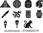 Aztec and Mayan culture icons vector set in black silhouette style, featuring step pyramid, sun calendar, colossal head, feathered headdress, ceremonial knife, feathered serpent dragon, totem mask, patterned vase, torch, skull on stake and monkey, perfect for history projects, museum graphics, travel and game design.