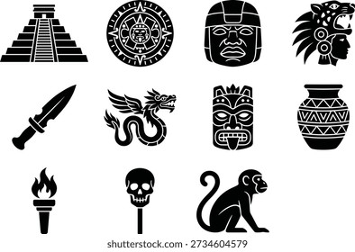 Aztec and Mayan culture icons vector set in black silhouette style, featuring step pyramid, sun calendar, colossal head, feathered headdress, ceremonial knife, feathered serpent dragon, totem mask, patterned vase, torch, skull on stake and monkey, perfect for history projects, museum graphics, travel and game design.
