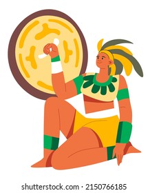 Aztec or mayan emperor or king, ruler of ancient civilization. Male character sitting with shield protecting in battle or fight. Man with headgear made of leather and feather. Vector in flat style