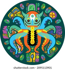 Aztec Mayan Mexican America Ethnic Style with Octopus Vector Popart Design