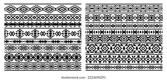 Aztec, Mayan Mexican borders patterns, vector ethnic geometric ornament and frame backgrounds. Seamless embellishment decoration of Mexico or Native American, Indian and African pattern for tattoo