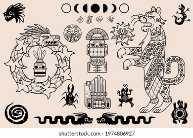 Aztec and mayan ornaments, ancient mexican tribal patterns. Ethnic native art. Vector set of traditional mexican indian geometric illustrations with animals and totems
