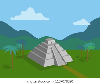 aztec or mayan pyramid, green nature background 