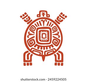 Aztec and Mayan totem turtle, tribal symbol of Maya and Inca, vector ethnic tattoo. Ancient Mexican culture and Mayan native totem of turtle with ornament, Aztec religious deity in petroglyph carving