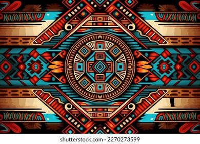 Aztec Mexican seamless pattern brown blue red background. Abstract traditional folk old ancient antique tribal ethnic graphic line. Ornate elegant luxury vintage retro style for texture textile.