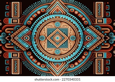 Aztec Mexican seamless pattern brown blue red background. Abstract traditional folk old ancient antique tribal ethnic graphic line. Ornate elegant luxury vintage retro style for texture textile.