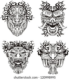 Aztec monster totem masks. Set of black and white vector illustrations. - Shutterstock ID 120998995