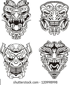 Aztec monster totem masks. Set of black and white vector illustrations.