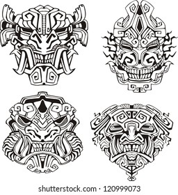 Aztec monster totem masks. Set of black and white vector illustrations.