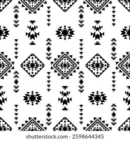 Aztec Native American Navajo tribal ethnic Mexican Southwest boho indian texture ornament geometric seamless pattern fabric black and white design vector for textile printing blanket rug carpet decor