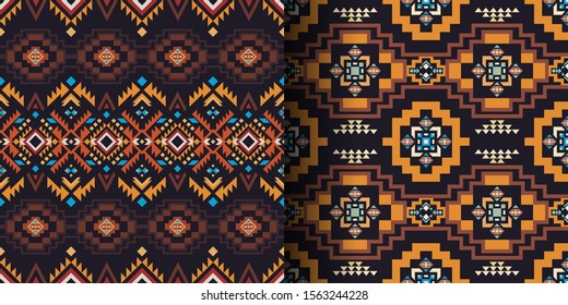 Aztec, Navajo, African geometric seamless patterns. Native American Southwest prints. Ethnic design wallpaper, fabric, cover, textile, rug, blanket.