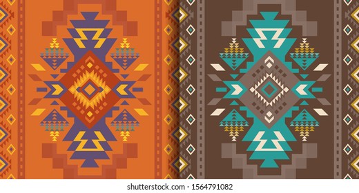 Aztec, Navajo geometric seamless patterns. Native American Southwest prints. Ethnic design wallpaper, fabric, cover, textile, rug, blanket.