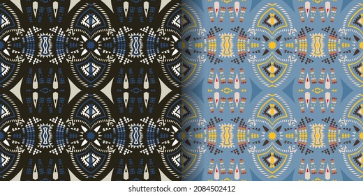 Aztec, Navajo geometric seamless patterns. Native American Southwest prints. Ethnic design wallpaper, fabric, cover, textile, rug, blanket.