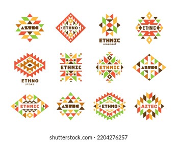 Aztec Navajo Indian Native Tribal Logo Design. Trendy Hipster Elements, Isolated Ethnic Ornaments. Mexico Motif, Tidy Geometric Boho Vector Symbols