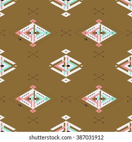 Aztec/ navajo seamless pattern. Tribal, bohemian and hipster style. Pastel colors on golden background. Summer style design. Arrow pattern. Suitable for textiles, wallpapers and paper goods.
