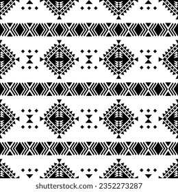 Aztec and Navajo tribal geometric background in vector style. Ethnic seamless stripe pattern. Traditional decoration motif design for textile template and print fabric. Black and white colors.