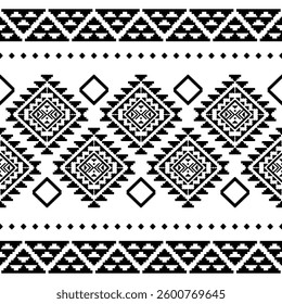 Aztec Navajo tribal Native American geometric seamless pattern. black and white ethnic design for fabric, textile, blanket, rug, carpet, and fashion.