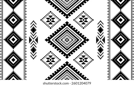 Aztec Navajo tribal Native American geometric seamless pattern. black and white ethnic design for fabric, textile, blanket, rug, carpet, and fashion.