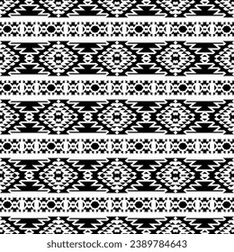 Textura vectorial sin costura de las tribus azteca y navajo. Estilo de franja étnica. Patrón abstracto geométrico. Colores en blanco y negro. Diseño para tela, textil, adorno, ropa, fondo, envoltura, batik.