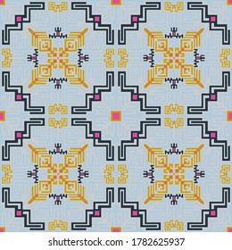 Aztec north american seamless pattern vector design. Geometric embroidery background. Bohemian decor ornament. Folk colombian repeating rapport. Textile print seamless pattern.