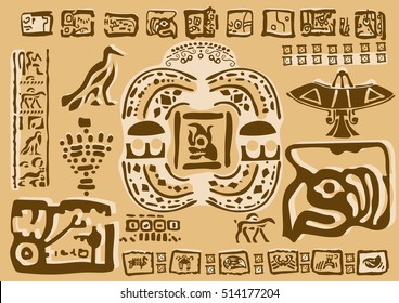 Aztec  ornamental tribal elements and symbols. Ancient drawings of terrestrial and extraterrestrial characters.