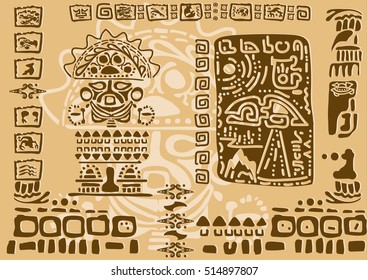 Aztec ornamental tribal elements and symbols. Ancient drawings of terrestrial and extraterrestrial characters.