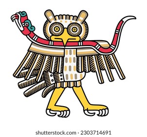 Aztec owl with a coral snake. In Aztec religion owls hold special ties to the underworld and are considered to be bad omens, messengers between humans and the divine, and they accompany the Death God.