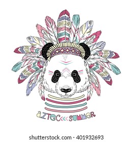 aztec  panda, native american summer print, animal illustration