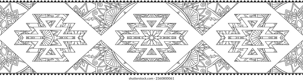 Aztec pattern decorated with mandalas .For seamless borders, ethnic tribes, fabrics, carpets