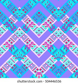 Aztec pattern ethnic ornament seamless blue pink color. Zigzag pattern with tribal elements background. Primitive triangle ornament for traditional design.