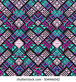 Aztec pattern ethnic ornament seamless. Zigzag pattern with tribal elements background. Primitive triangle ornament for traditional design colorful on black background.