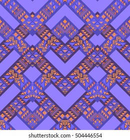 Aztec pattern ethnic ornament seamless. Zigzag pattern with tribal elements background. Primitive triangle ornament for traditional design violet orange color.
