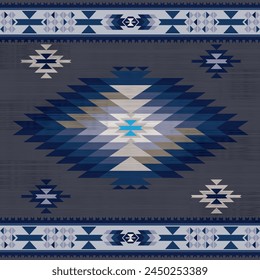 Aztec pattern on grey background.Blue border triangle pattern.Navajo pattern.Zigzag.Geometric shape.DIgital design.Ethnic.Illustration.Modern.Design for rug.Blanket.Carpet.Printing.Tablecloth.Knitted