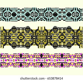 The Aztec pattern. Oriental lace tape. African ethnic print. Indian jewel. Embroidery on fabric. Asian ornament. Tribal art. Japanese, Oriental pattern. The decoration of clothes. Ribbon, border.