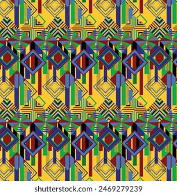 Aztec pattern. Seamless african print. Bohemian motif. Modern mexican style. Simple design. Textile ornament. Tribal texture. Black, cyan, pink, green, gold aztec pattern.
