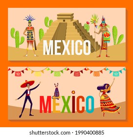 Aztec people and mexico culture set, vector illustration, tribal warrior character stand near pyramid, man in sombrero, woman dance
