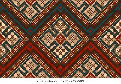 Aztec peruvian mexican knit pattern, ethnic ornament. Vector seamless background with knitted texture, inspired by native indigenous culture of Mexico and peru. Geometric shapes textile decorative art