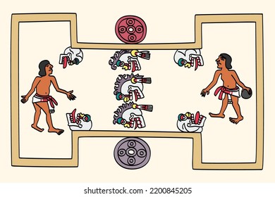 Aztec players play a rubber ball game. The Mesoamerican ballgame is a 3600 years old sport with ritual associations, played by pre Columbian people and as ulama still played by indigenous populations.