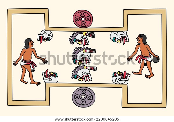 Aztec players play a rubber ball game. The\
Mesoamerican ballgame is a 3600 years old sport with ritual\
associations, played by pre Columbian people and as ulama still\
played by indigenous\
populations.