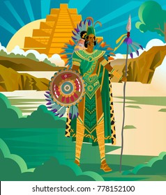 aztec priest king with spear and shield