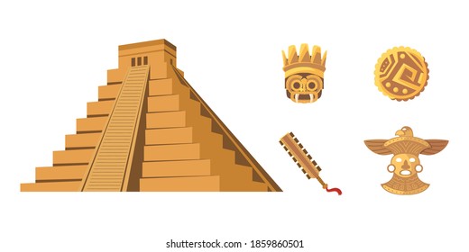 aztec pyramid weapon coin mask ornament icons vector illustration