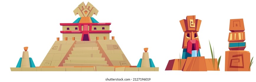 Aztec pyramids and statues, mayan city monumental landmarks isolated on white background. Stone Temple of Kukulkan or El Castillo Pyramid in Chichen Itza, Machu Picchu, Cartoon vector illustration set
