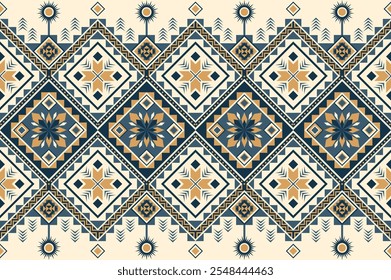 Aztec nahtloses Muster-Design.  geometrisch traditionell.  Blaue und senffarbene Farbe. Design für Hintergrund, Tapete, Papier, Stoff, Kleidung, Teppich, dekorativ, Textil, Stickerei.