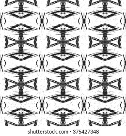 Aztec seamless pattern. Striped hand painted seamless pattern with ethnic and tribal motifs, zigzag lines, brush strokes and splatters. Ikat Mexican motif. Vector illustration. Zigzag and stripe line.